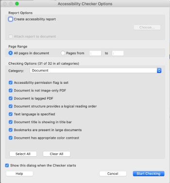 Screenshot of Acrobat’s accessibility checker dialog window.